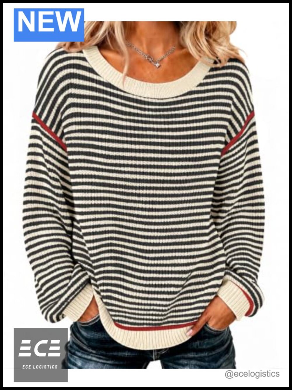 Oversized Striped Pullover Sweater Crew Neck Long Sleeve Soft Knit Tunic